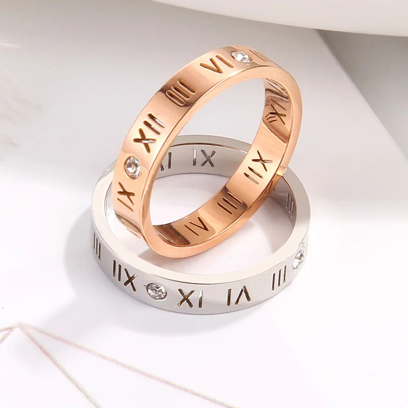 Minimalist Titanium Steel Rings Hollow Out Lucky Roman Numerals Rings CZ Crystals Trendy Party Lover Ring Couple Jewelry
