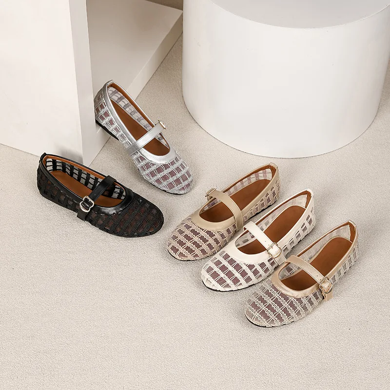 French one-word buckle Mary Jane shoes new hollow mesh breathable round head flat bottom shallow mouth single shoes women