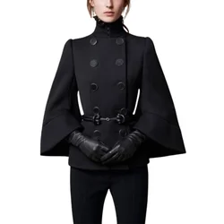 Gymystars Womens 2024 Short Jacket England Buttoned Black High Neck Coats Spring  Long Flared Sleeves Outerwear For Women