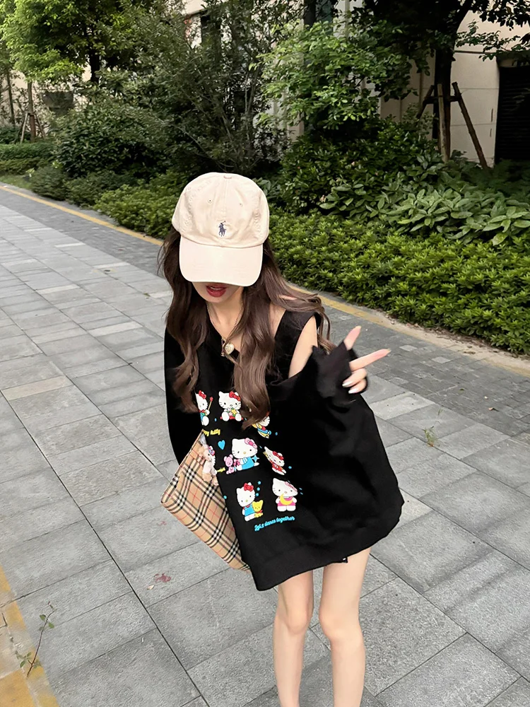 Bla dentelle oulder sweat à capuche femmes printemps automne mince dessin animé Kit imprimé haut ample confortable décontracté Streetwear sweat-shirt