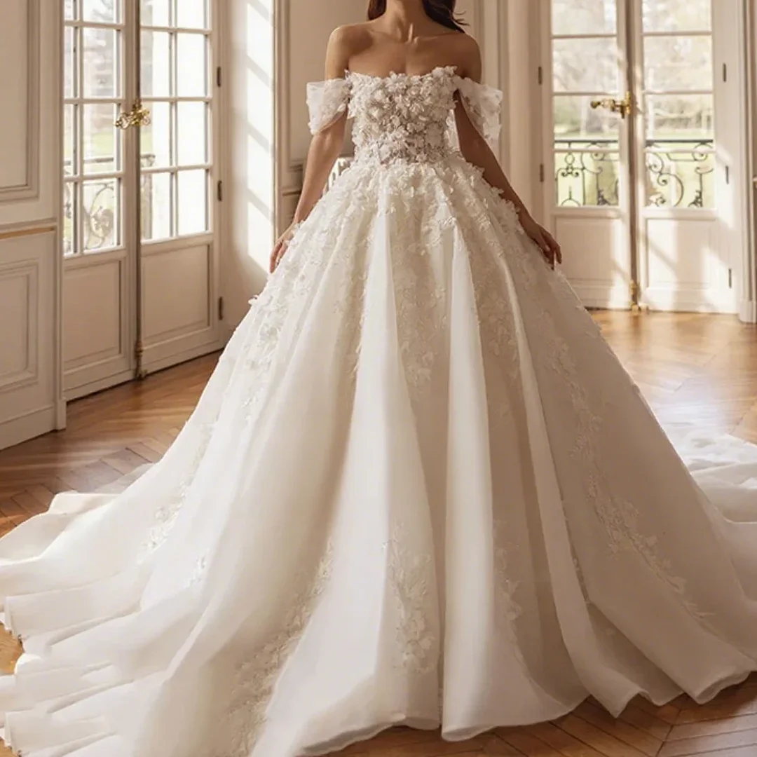 

Charming Off Shoulder Bridal Ball Dress Luxury Bead Decoration 3D Flower Decal Church Train Princess Wedding Dress Custom
