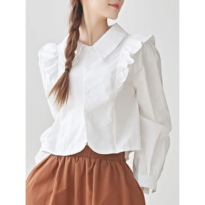 قميص قصير بحافة أوراق اللوتس، متعدد الاستخدامات لمزاج المرأة، مقاس نحيف وتنحيف، أكمام فقاعية، بلوزة حلوة #4