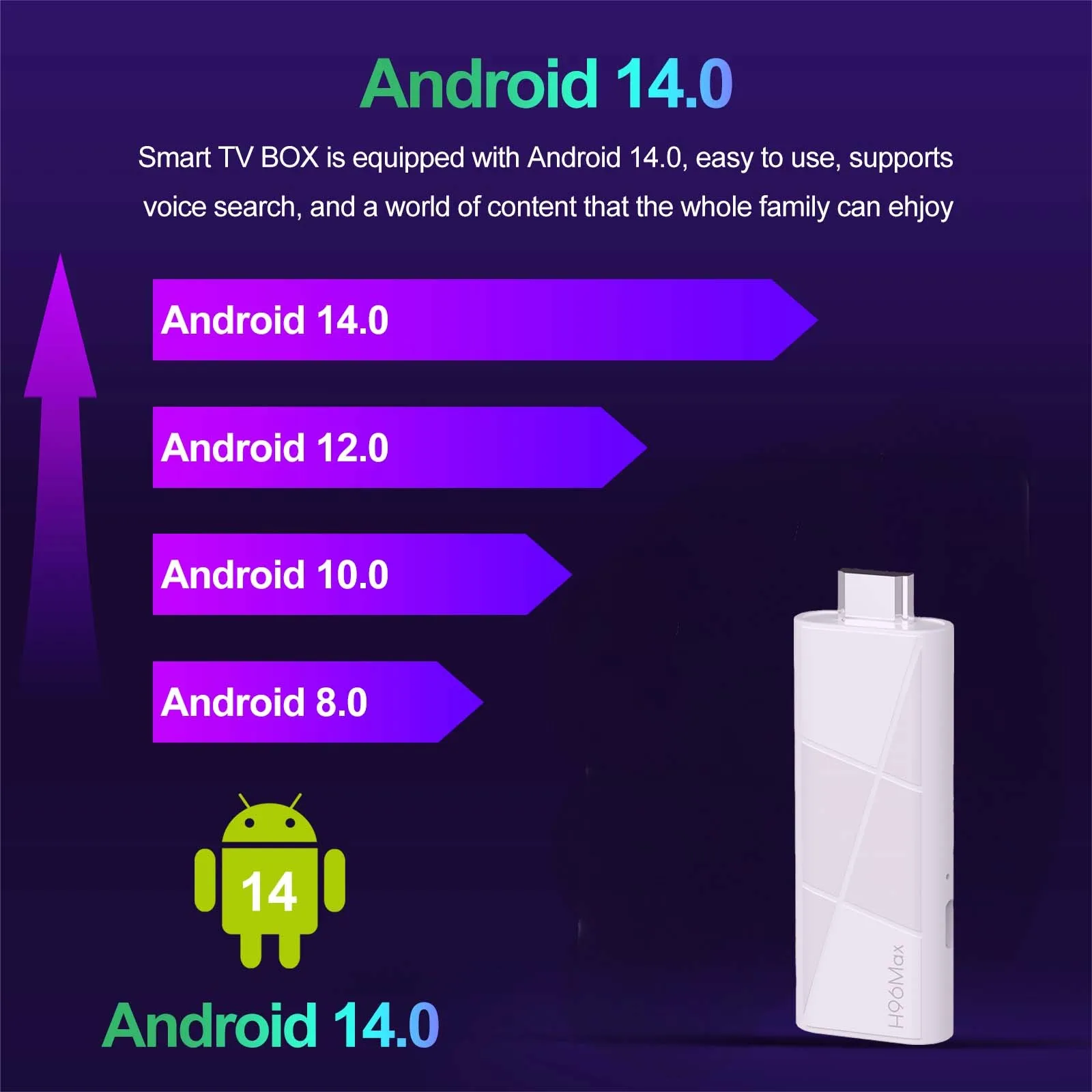 Android TV Stick H96MAX Telecomando vocale Android14 RK3518 4K 3D HDR BT5.4 Video Wifi6 Netflix YouTube Streaming rapido TV Stick