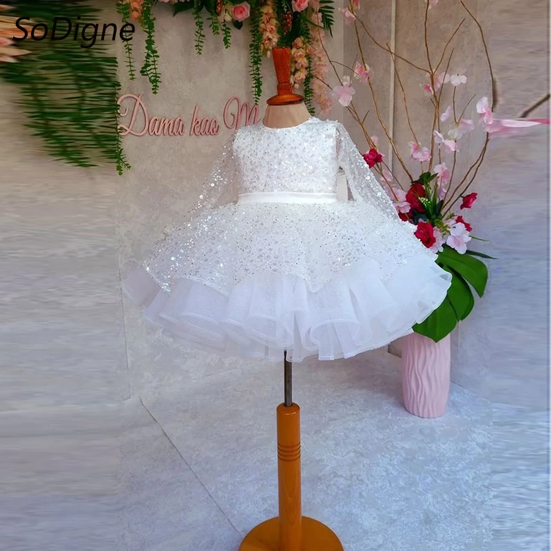 

SoDigne A-line Glitter Short Flower Girl Gowns O-neck Full Sleeves Sequined Girl Mini Birthday Party Dresses with Bow Customized