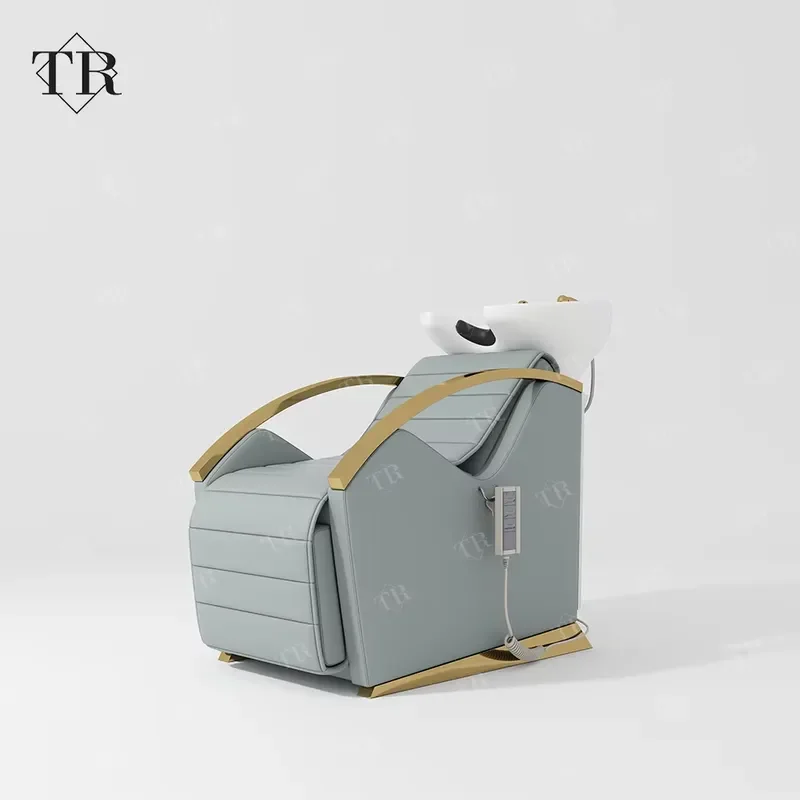 Modern Smart Shower Chair Folding Reclining Salon Equipment with Shampoo Sprinkler Foot Mats and Info Bed Table for Hair Care