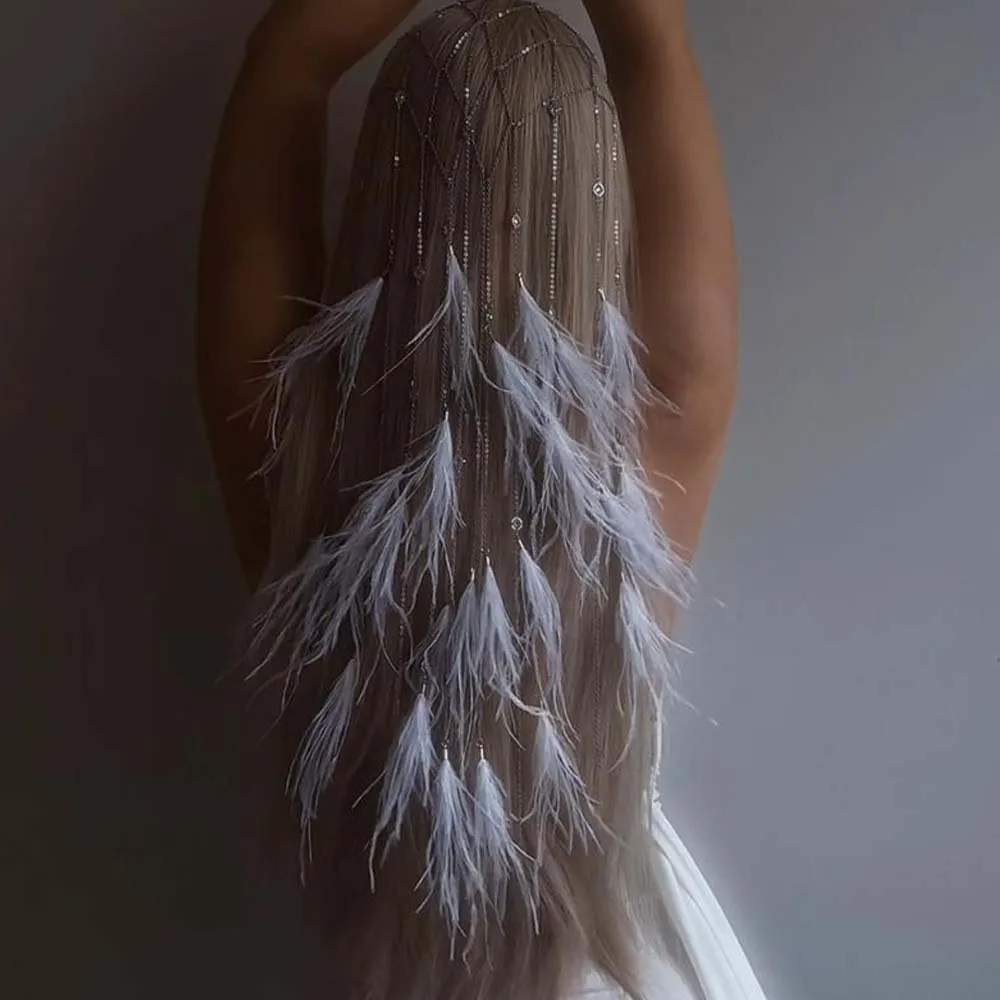 

New product long fringe feather hair chain European and American fashion bride grid hollow women headband hair chain