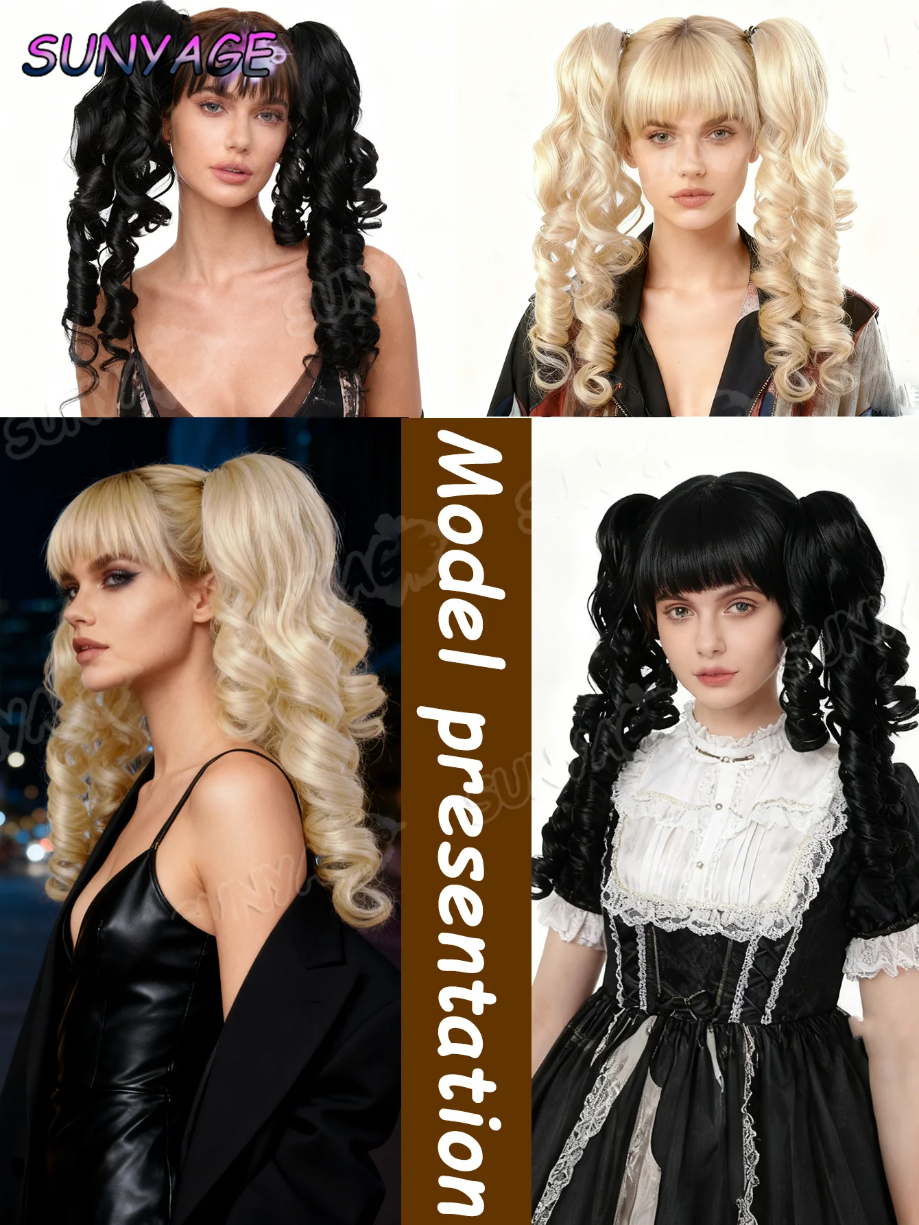 Sunyage lolita acessórios romano rolo aperto duplo rabo de cavalo peruca sintética versátil boneca sentir duplo rabo de cavalo rolo peruca