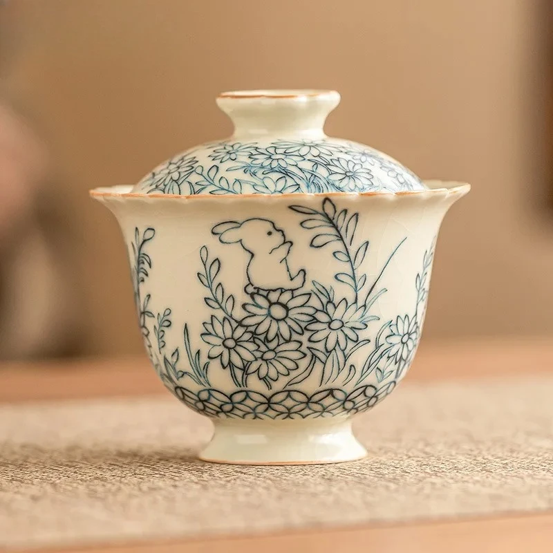 Cute Rabbit Ru Kiln Ercai Cover Bowl Chinese Sunflower Tea Bowl With Lid Tea Maker Gaiwan Teacup Tea Pair Kung Fu Teaset Gifts