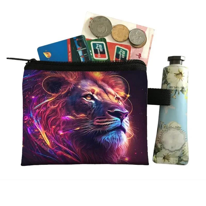 Lion with Crown Painting Wallet Colorful Lion Women Coin Purse Galaxy Money Bag Small Purses Card Earphone Holder Zipper Pouch