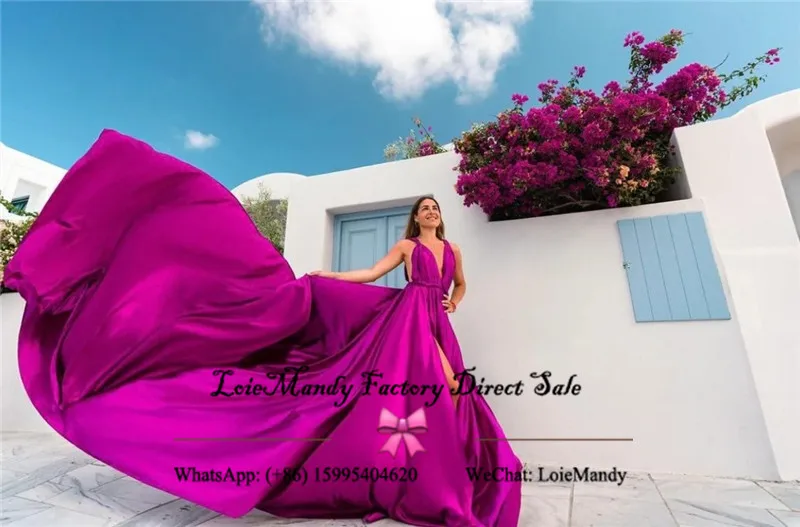 Fushsia Flying Evening Dresses para Photoshoot, Formal Backless, Long Flowy Prom Dress, Divisão lateral encantadora