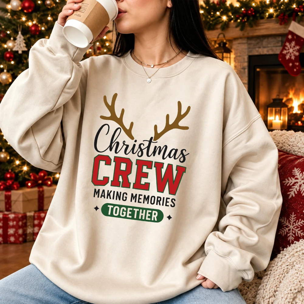 Christmas Crew Making Memories Together Reindeer Antlers Print Women Sweatshirt Xmas Holiday Family Matching Group Sweater