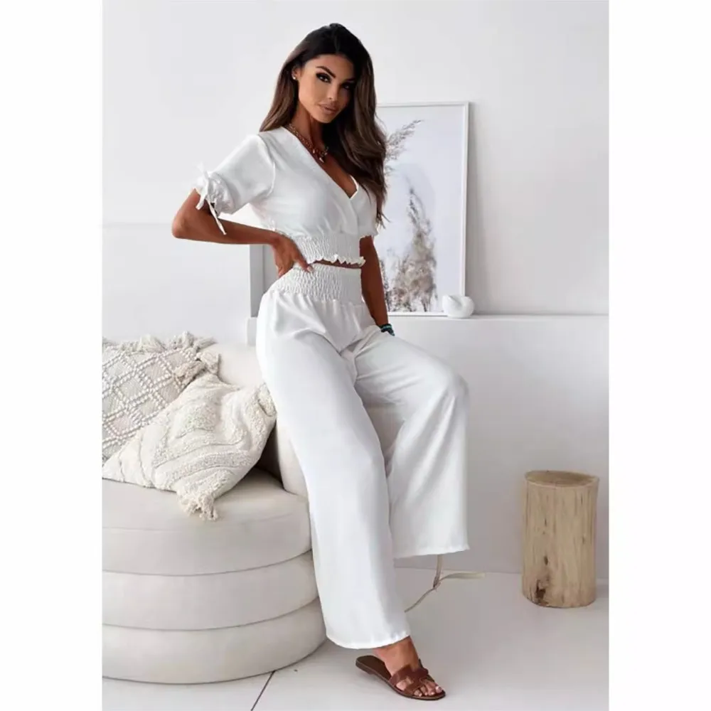 Summer New Fashionable Intellectual Pants Two Piece Set Head V-neck Short Sleeve Solid Color Loose Wide Leg Pants Cuddle Waist