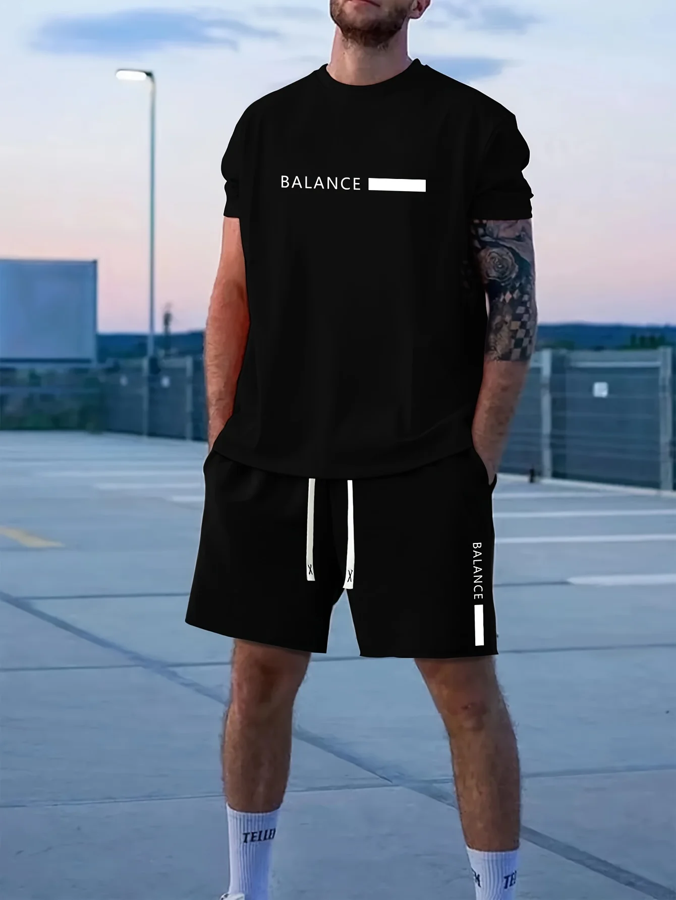 Fashionable Men's Summer Letter Print Comfortable Breathable Crew Neck T-Shirt and Shorts Set Outdoor Casual Wear Two-Piece Set