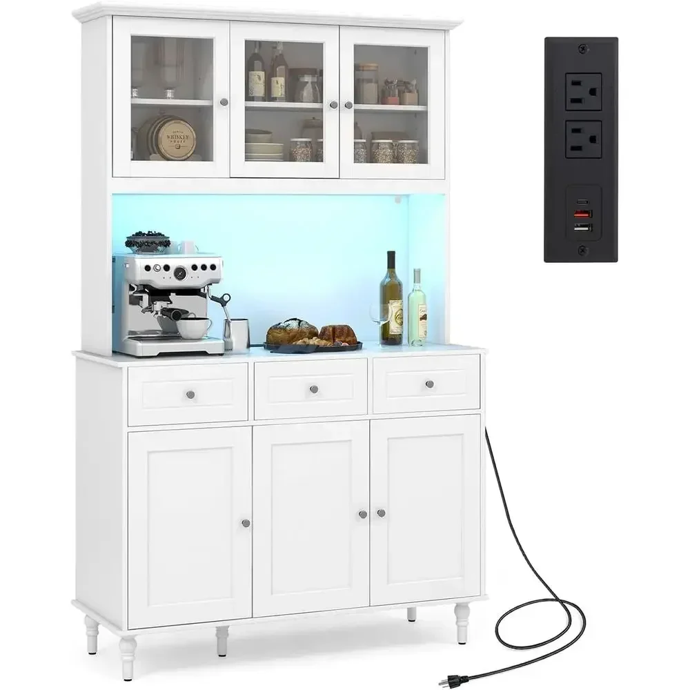 Freestanding Tall Pantry Cabinet with Adjustable Shelves, Charging Station, and Tempered Glass Door for Kitchen and Dining Room
