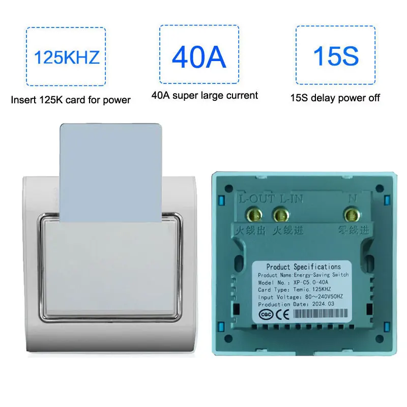 Hotel Room Power Saving Energy Saver Switch 80-240V 40A 15s Power Off  Delay Low Frequency 125K ID/T57 Card
