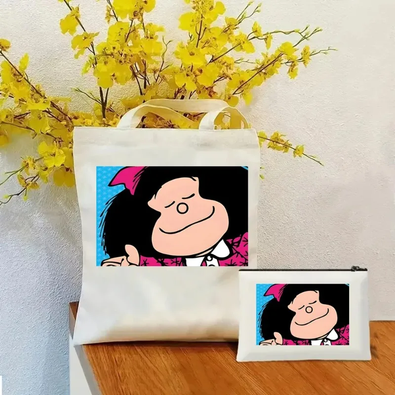 2 pezzi Toda Mafalda Tote Cosmetic Bag Set borsa a tracolla in tela moda donna Eco borsa per la spesa di grande capacità regalo