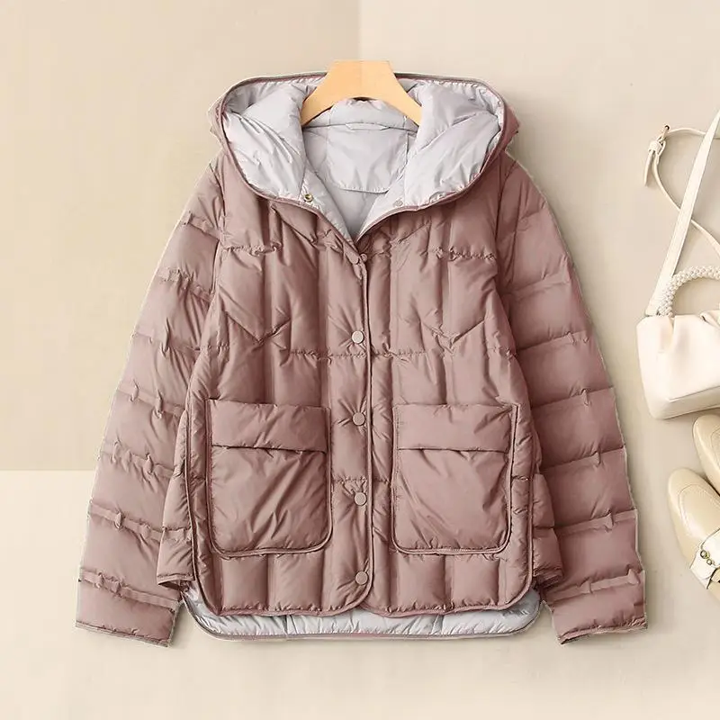 Jaqueta puffer feminina de pato branco, parkas casual solta com capuz, colarinho feminino de peito único, 90% para baixo de pato, nova, 2023