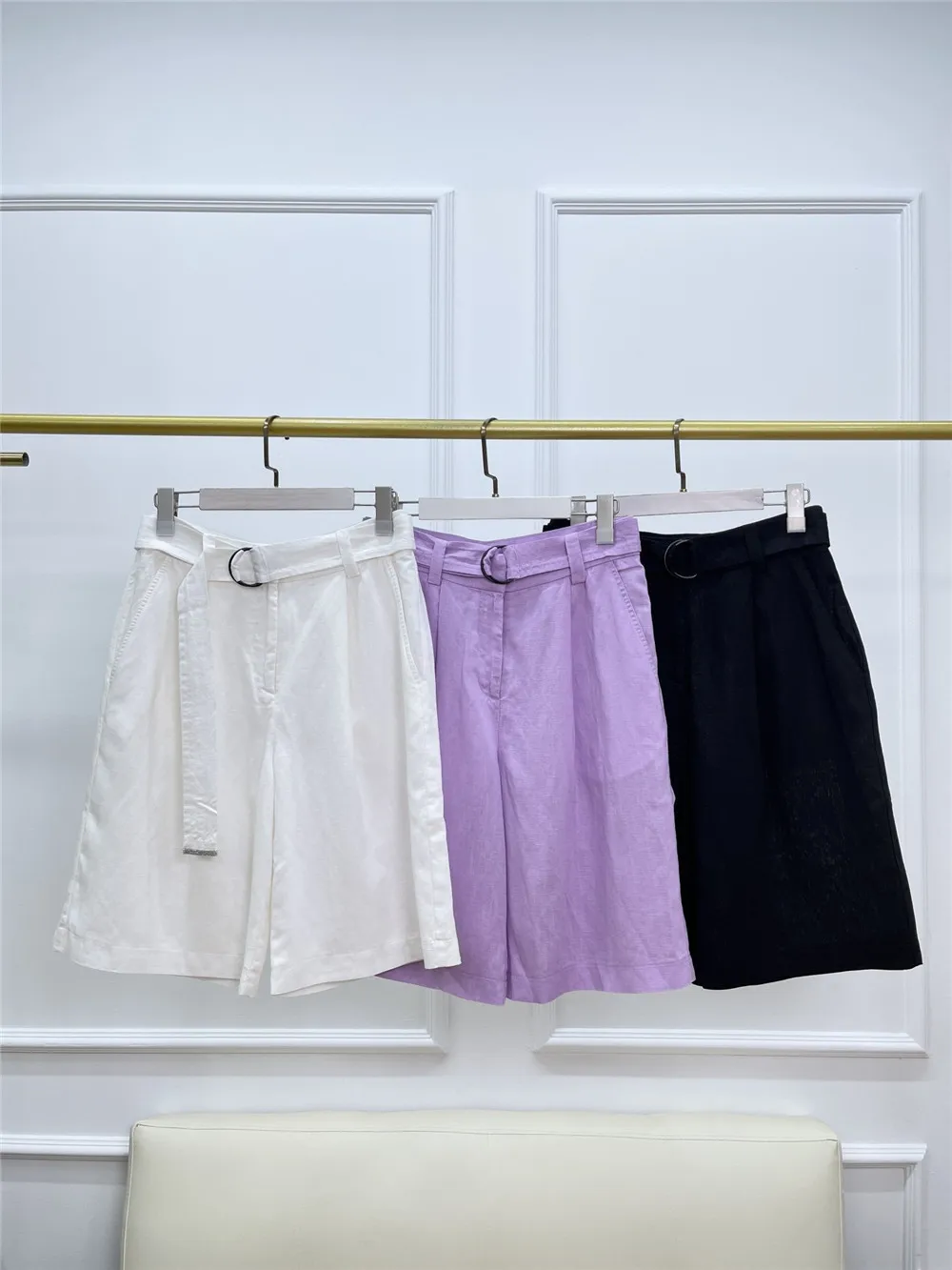 Women's Linen Tencel Shorts With Belt High Waist Waist Straight Casual Shorts Summer B*C New