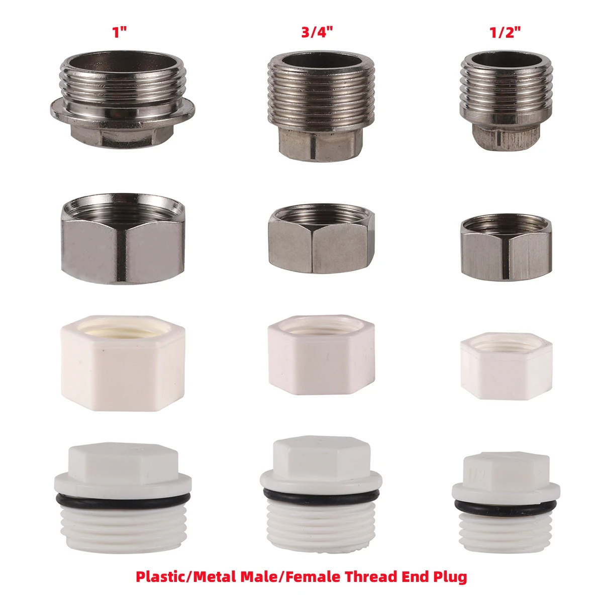 Garden Water Pipe End Connector Plastic and Stainless Steel 1/2'' 3/4'' 1'' Male/Female Thread End Cap PVC Tube Sealing Fittings