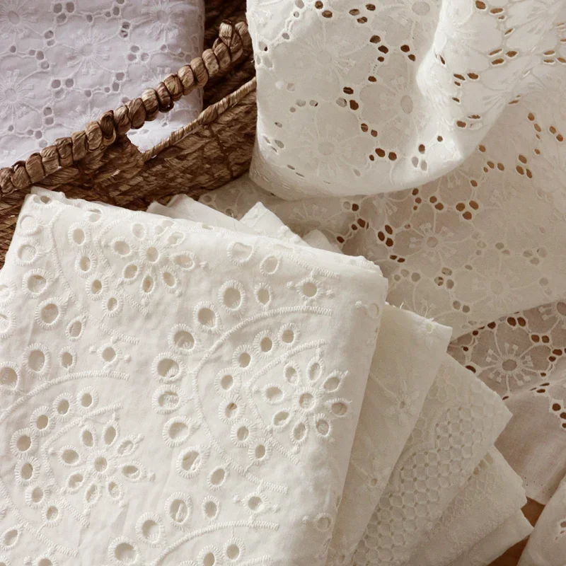 130cm Wide Pure Cotton White Hollow Lace Embroidery Fabric Embroidery Wedding Dress Fashion Dress DIY Home Apparel Sewing Fabric