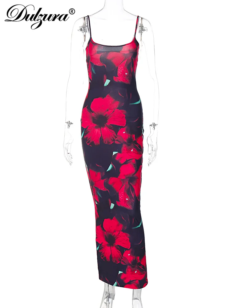 Dulzura แขนกุดพิมพ์ลายดอกไม้ Slim Cami Maxi ชุดเดรสยาววินเทจเซ็กซี่ของผู้หญิงปาร์ตี้คลับวันหยุดฤดูใบไม้ผลิฤดูร้อนชุด
