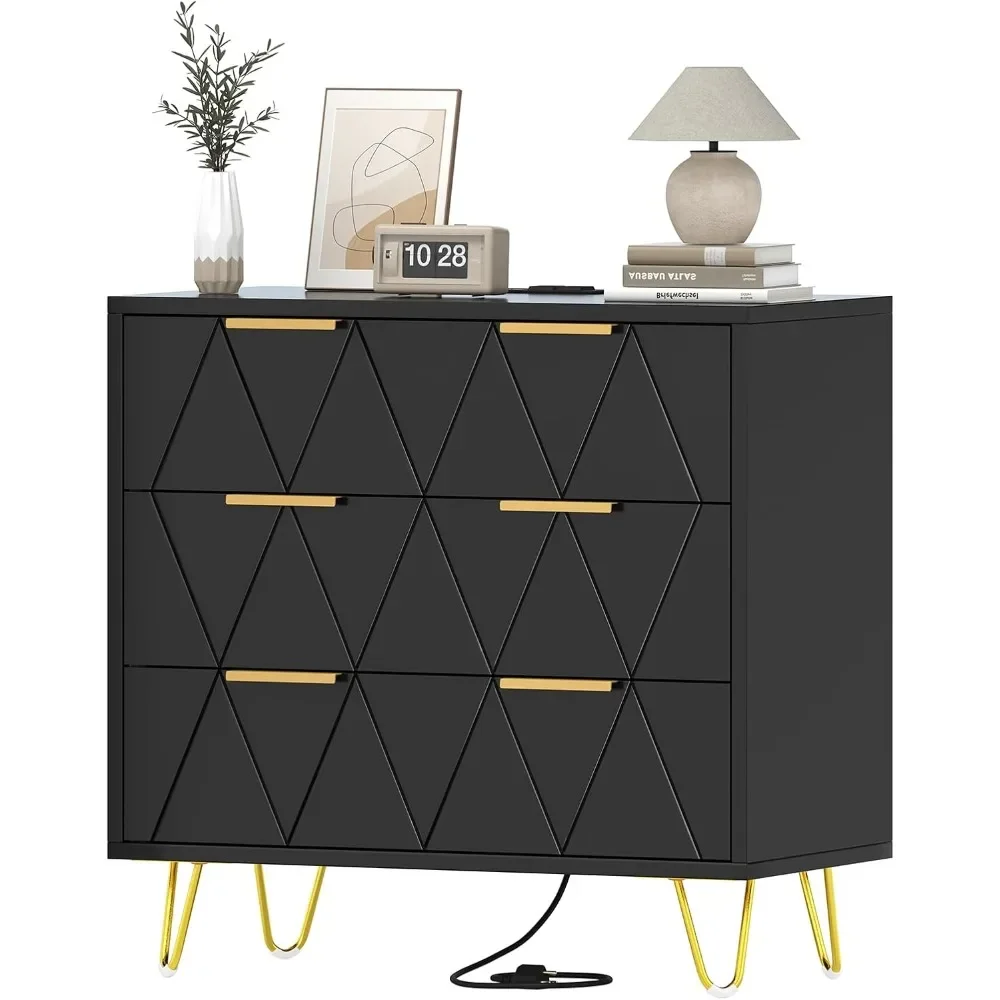 

With Charging Station , Living Room, Black Dresser with Storage Drawers, Bedside Table with Metal Handle & Leg