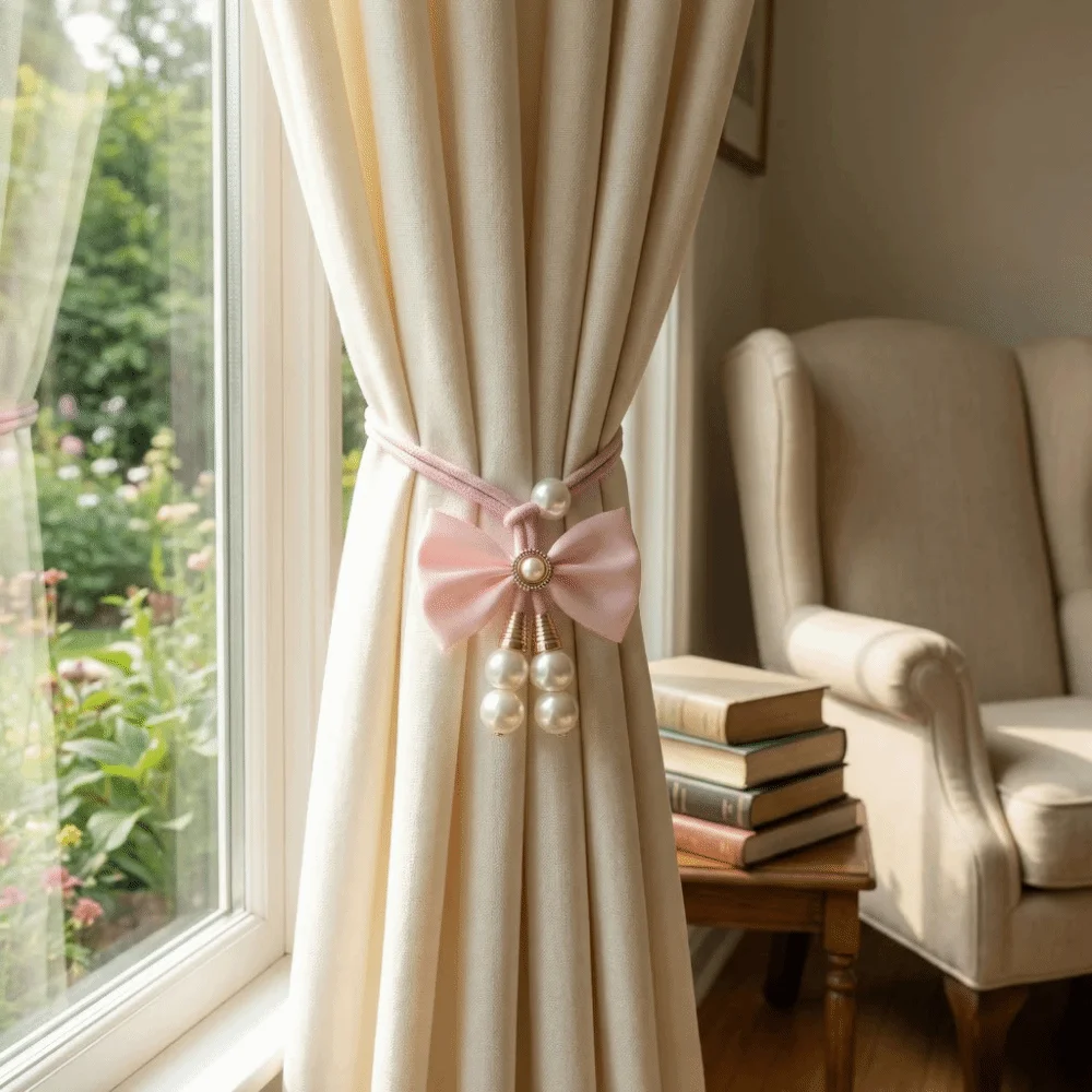 2 PCS Home Decor Adjustable Bowknot Curtain Straps Pearl Elegant Bow Curtain Buckle Beautifully Curtain Tieback Decoration