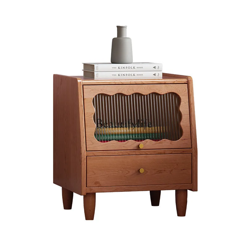 

Medieval Style Solid Wood Bedside Table with Lamp Creative Modern Minimalist High-end Feel for Home Use