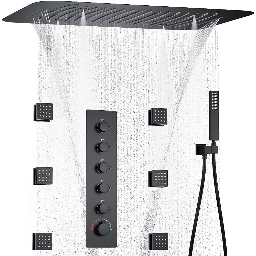 

Matte Black 3-in-1 Shower System with Multi-Function Rainfall and Waterfall, 16x24 Inch Ceiling Shower Head, Brass Material