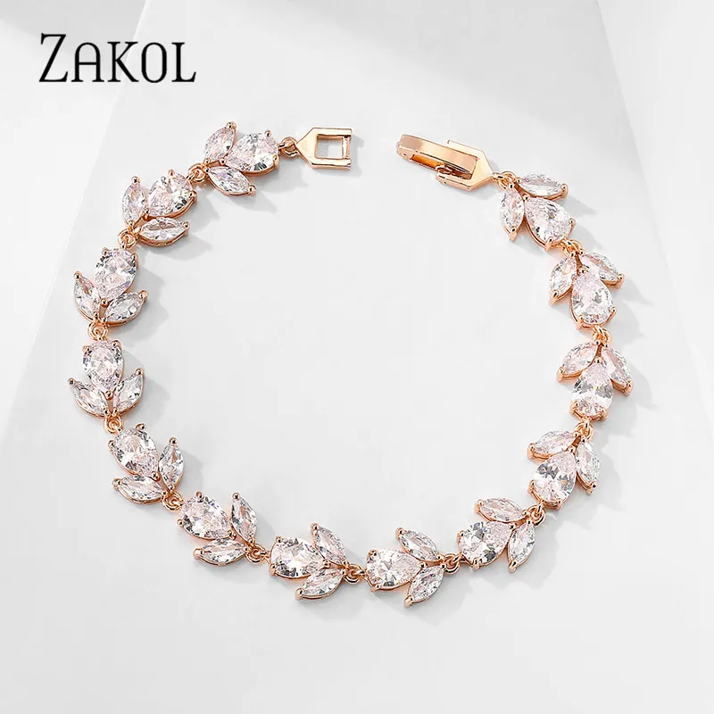 

ZAKOL Trendy Cubic Zirconia Bridal Bracelets for Women White Gold Color Leaf Charm Bangles Clear Crystal Wedding Jewelry BP2178