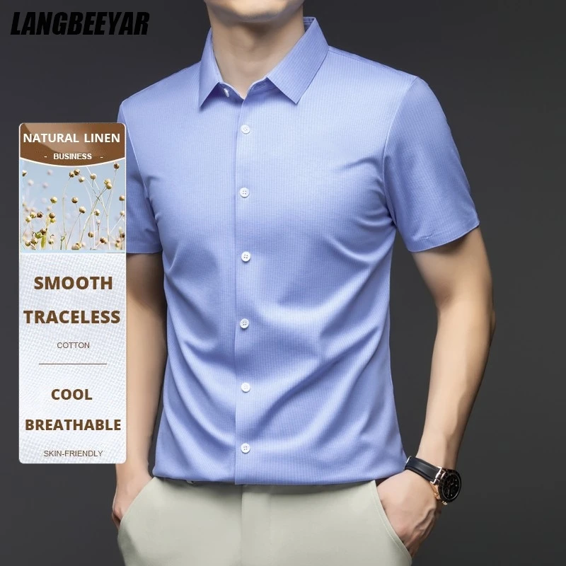 

High End Linen Anti-wrinkle New Summer Brand Fashion Korean Mens Shirt Pinstripe Short Sleeve Designer Casual Men Clothes