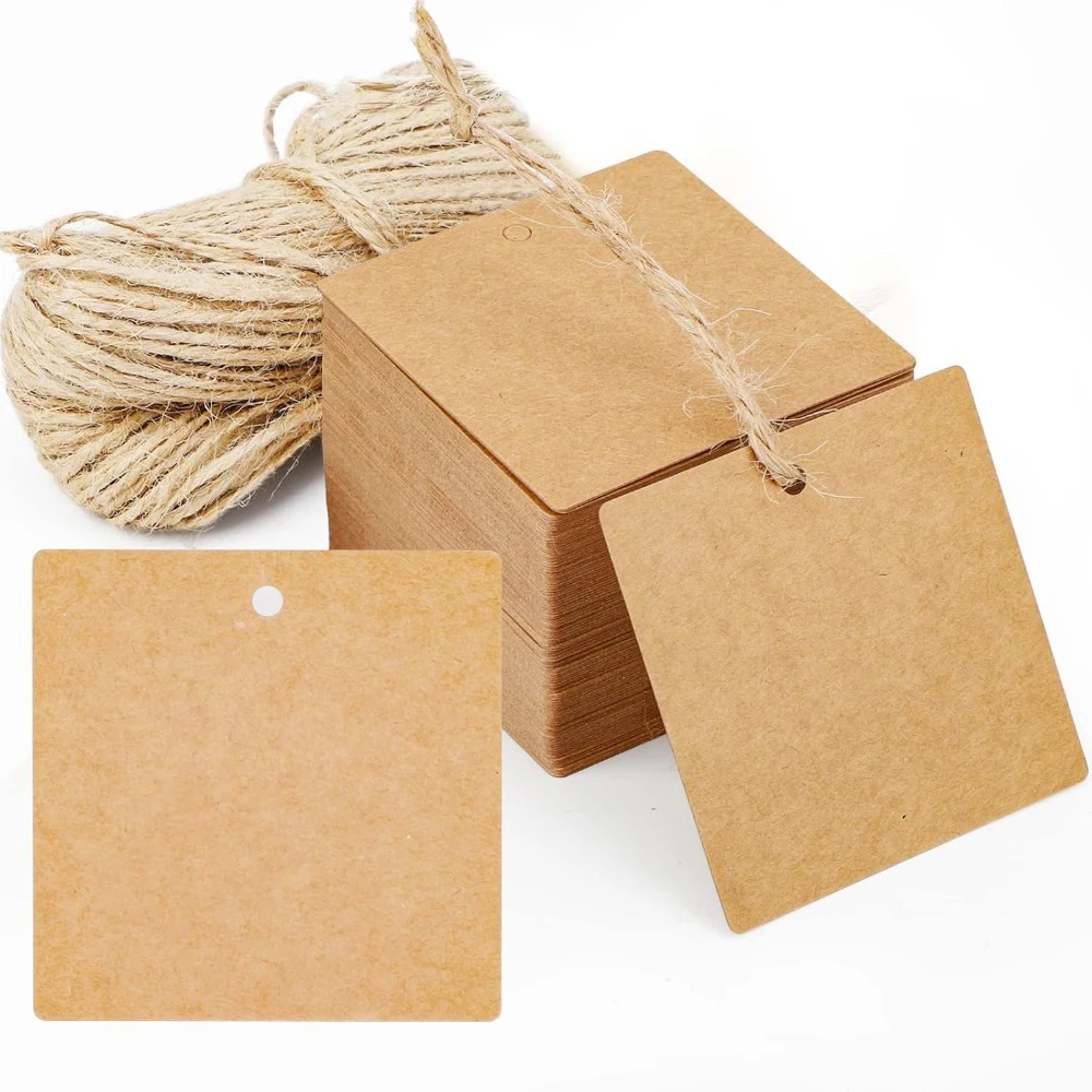 

Christmas Gift Label, Brown Square Kraft Paper Blank Tag, Flax-colored Hemp Rope, Gift Packaging Tag, Party Decoration