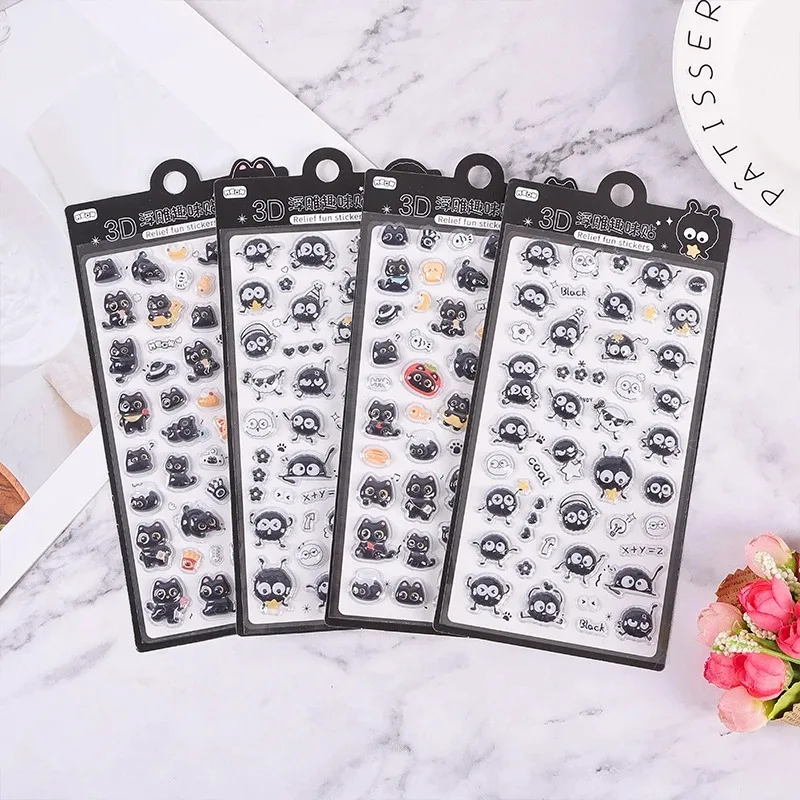 3D Relief Stickers Cute Cartoon Animal Sticker Black Cat Coal Briquette Stickers DIY Phone Case Decoration Stationery Sticker
