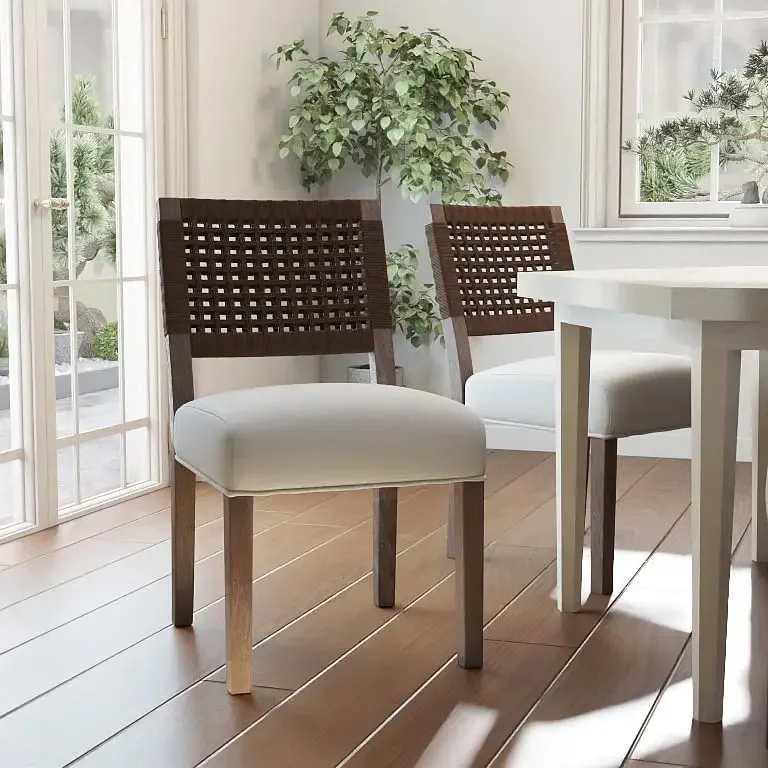 زوج من كراسي تناول الطعام الحديثة المصنوعة من الكتان المجهودة بمساند الظهر المنسوجة وإطارات من الخشب الصلب #3