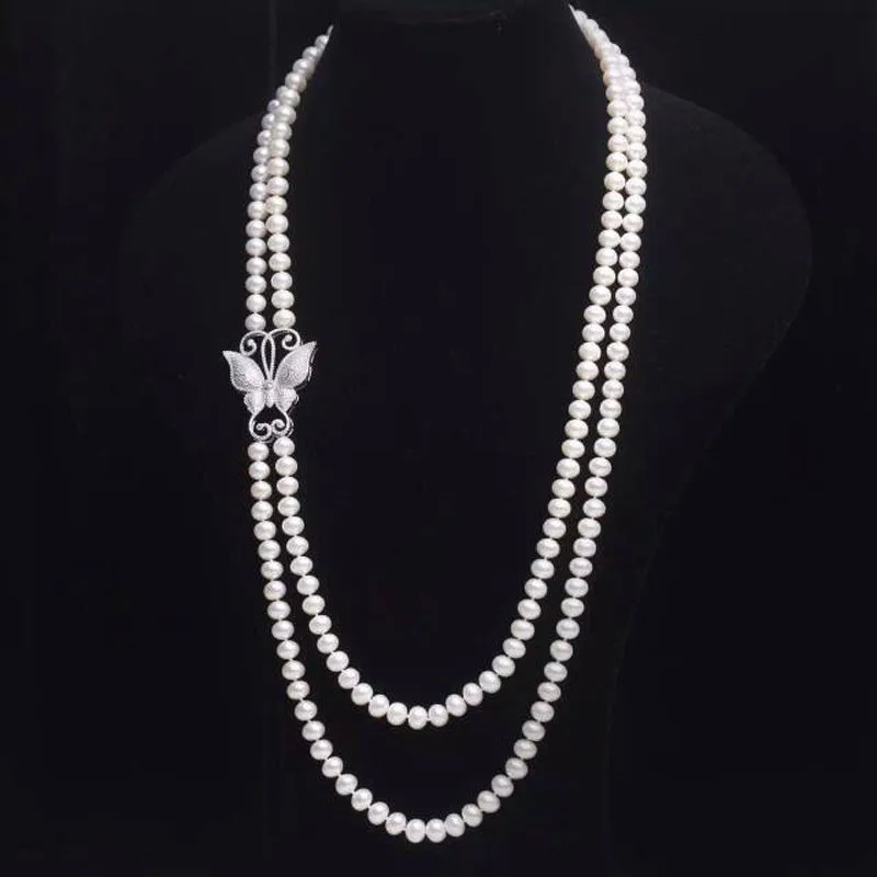 

NEW butterfly Double row AA7-8mm white natural freshwater necklace inlay zircon 30"