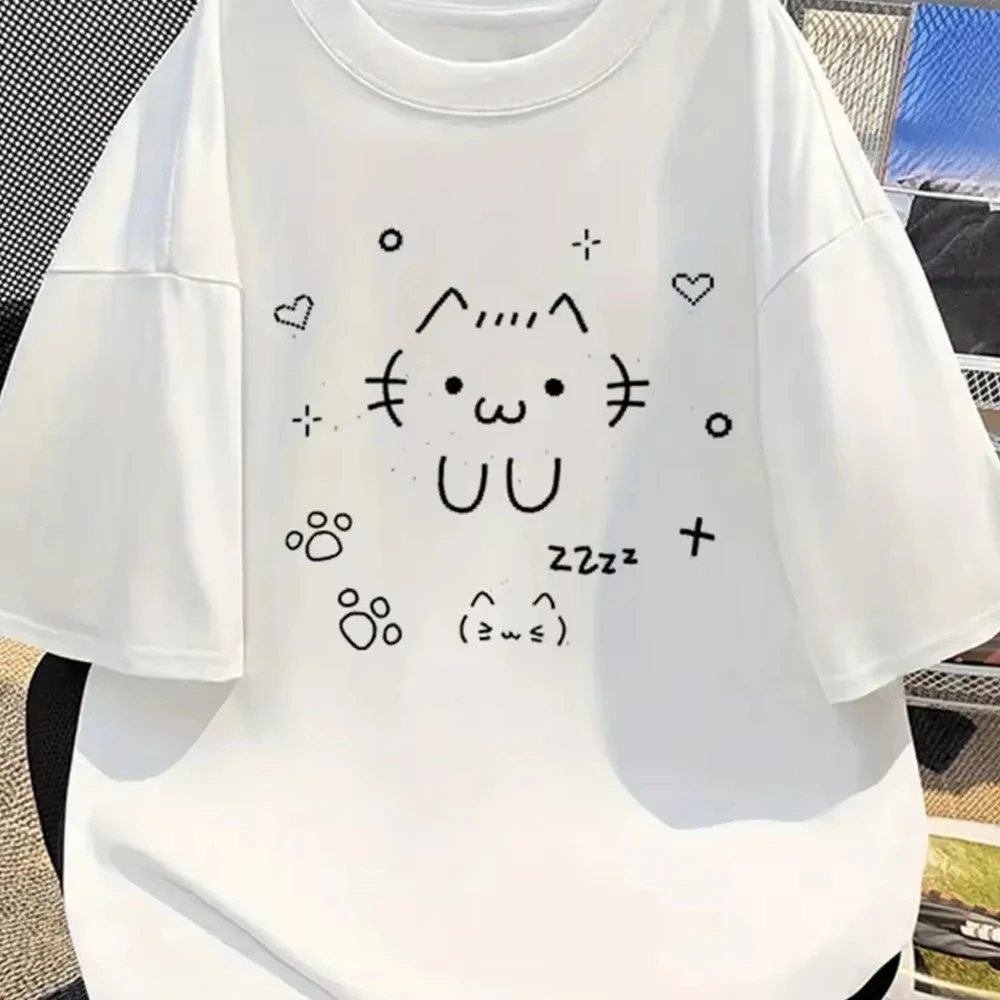 

UU Cartoon Printed Fashion Pattern T-shirt Casual Short-sleeved White T-shirt Cute Cat Summer Style Playful and Comfortable Y2K