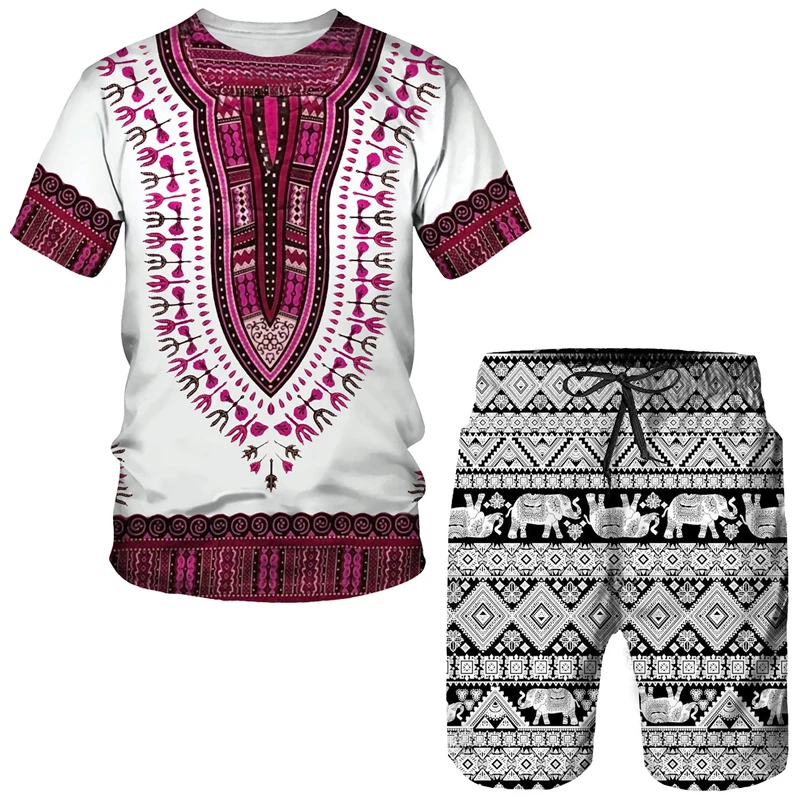 Fato de treino africano estampado para homens e mulheres, conjuntos de camisetas dashiki, tops vintage, esporte e lazer, verão