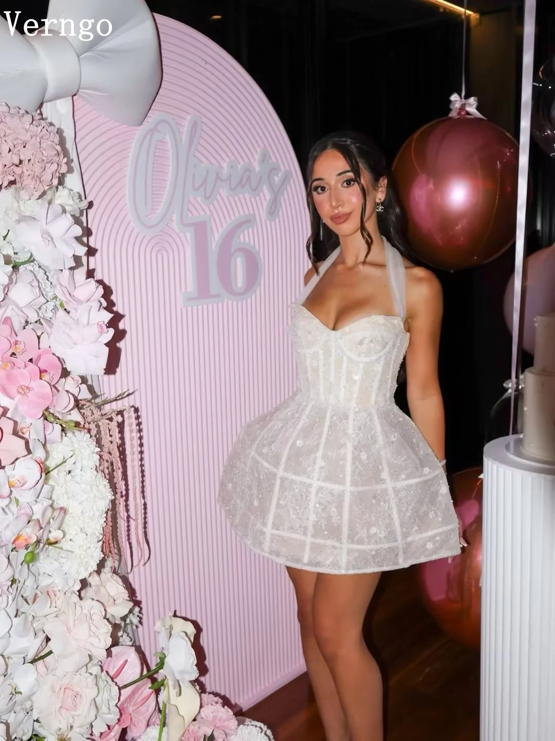 Verngo Luxury Lace Shiny Mini Birthday Party Dress Halter Bone Princess Short Prom Gowns Celebrity Graduation Dresses Customized 2