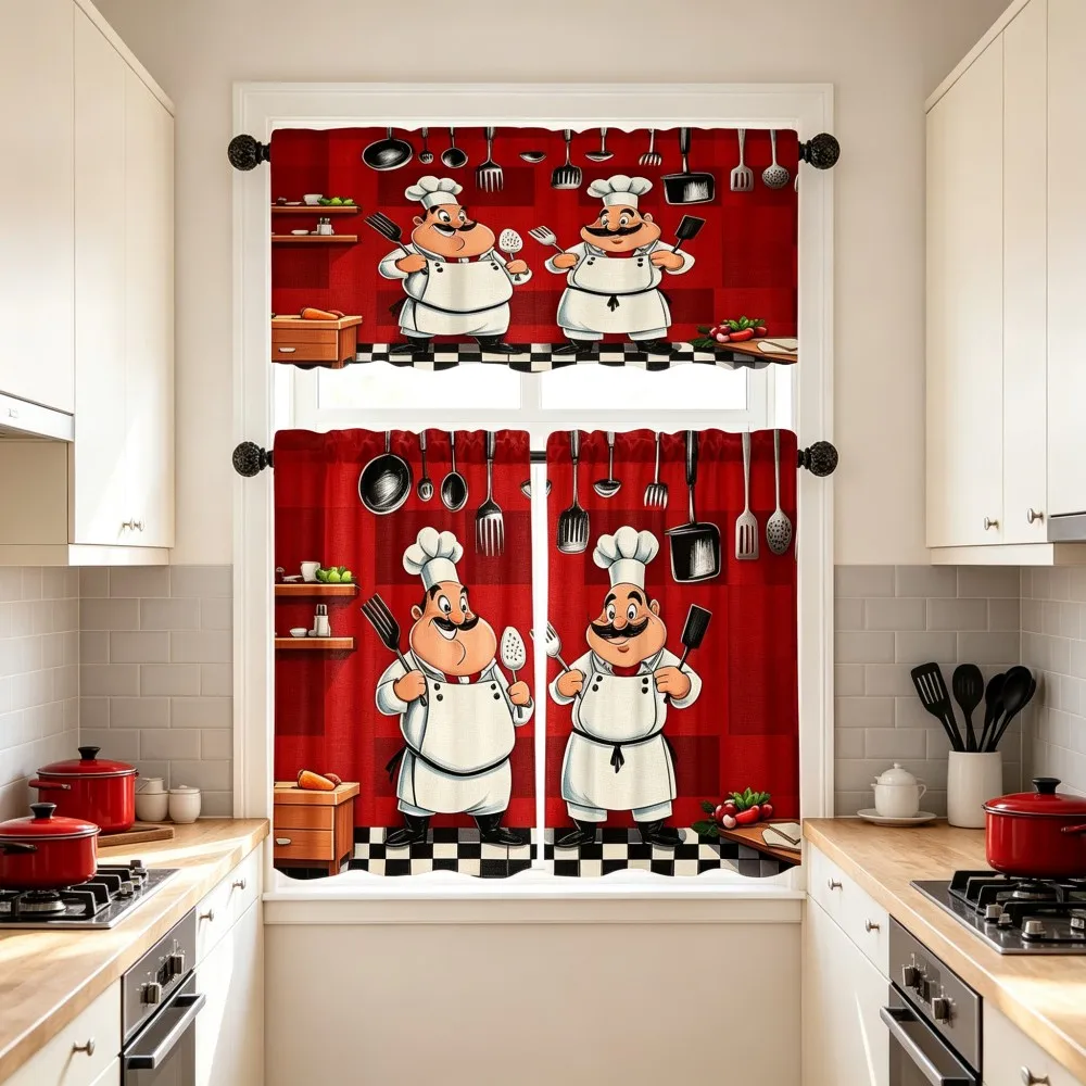Cartoon Kitchen Curtains, Red Chef Cook Utensil, Digital Print, Kitchen Dining Room Cafe, Rod Pocket Polyester, Home Decor
