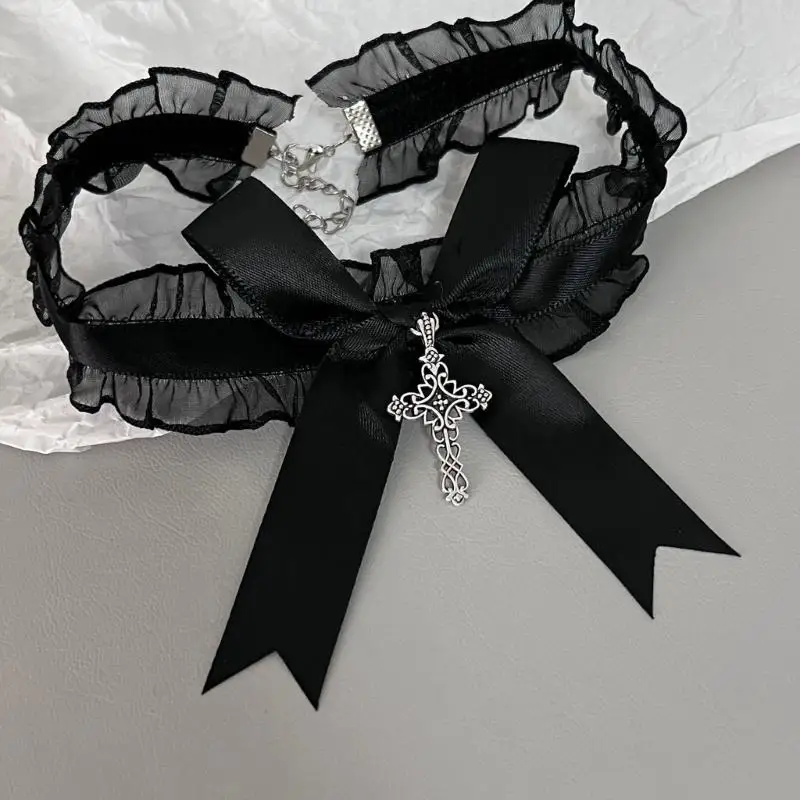 Ruffle Lace Bowknot Choker Necklace Crosses Pendant Gothic Costume Jewelry Gift 6XDA