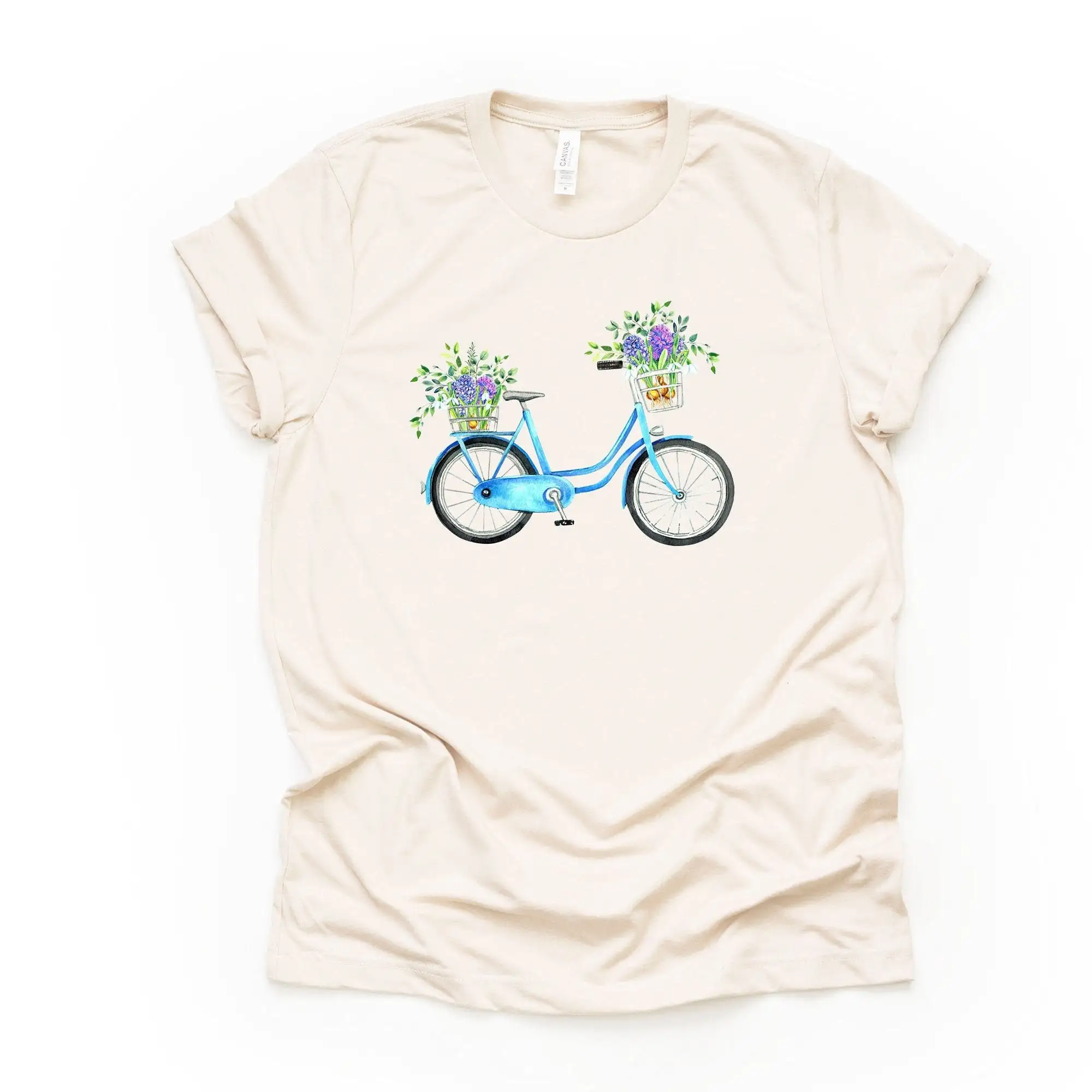 Summer T Shirt Cute Watercolor Blue Bike With Flower Baskets Premium Unisex 3 Color Choices 2X 3X 4X Plus Sizes Available