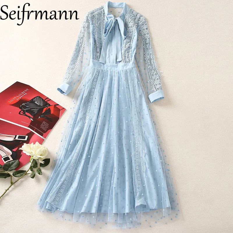 Seifrmann 2026 Spring Women's New Fashion frenulum Collar Long Sleeve Mesh Water soluble Flower Waist cinching Long Dress