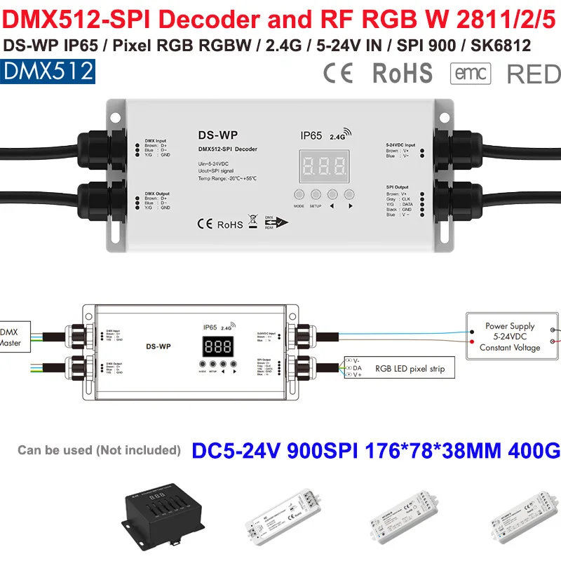 5 DMX512 to SPI Converter DMX Decoder DS SPI Controller Compatible with kinds of Digital IC LED Strip Pixel Strip Light DC 5-24V