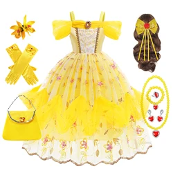 Belle Cosplay Princess Dress Girls Beauty Beast Role Playing Costumes Kids Birthday Halloween Carnival Party Floral Clothes