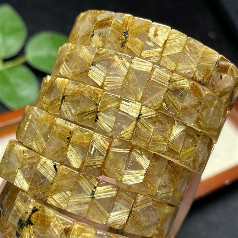 Natural Gold Rutilated Quartz Bangle Fortune Energy Bangle Mineral String Woman Amulet Jewelry Healing Gift 1pcs