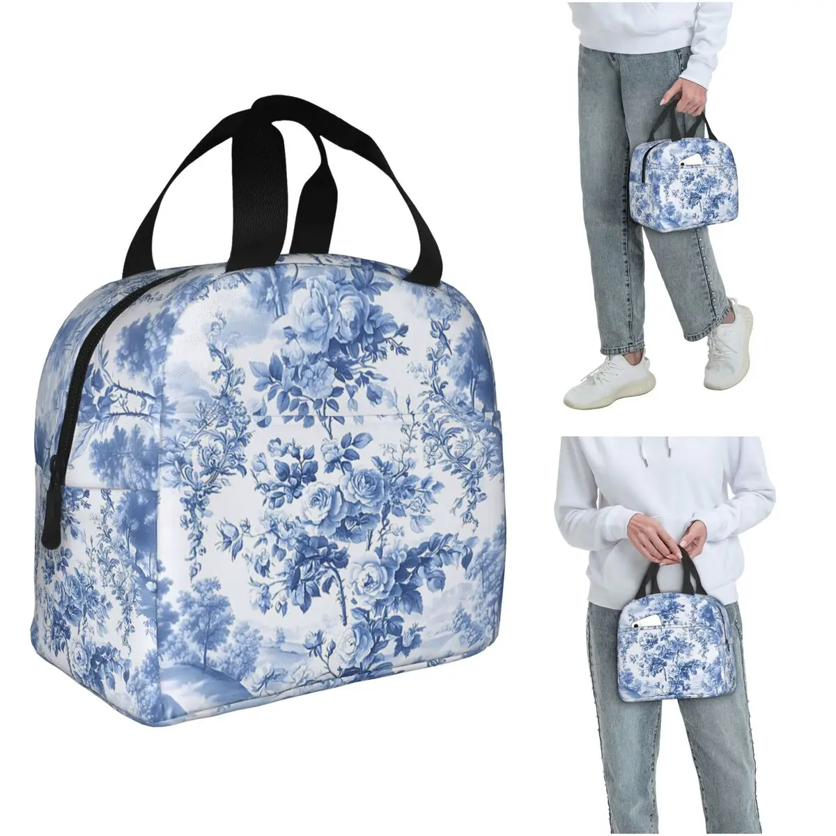 

Вневременная элегантность Blue Toile De Jouy, изолированная сумка для обеда с цветочным пейзажем, холодильник, термокоробка для еды, сумка-тоут, ланч-боксы, контейнер