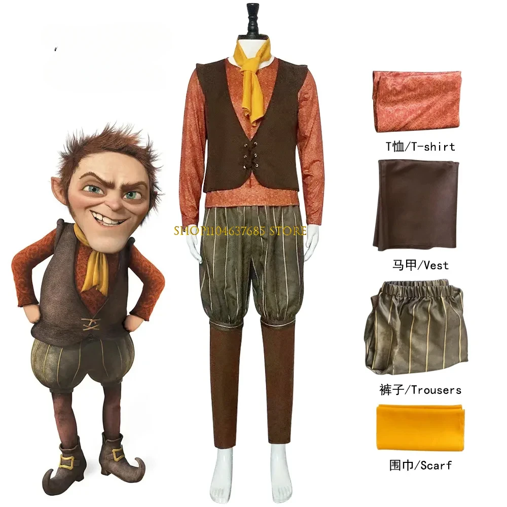

Monster Rumpelstiltskin Cosplay Costume T Shirt Brown Vest Trousers Yellow Scraf Halloween Role Playing King Dwarf Fancy Uniform