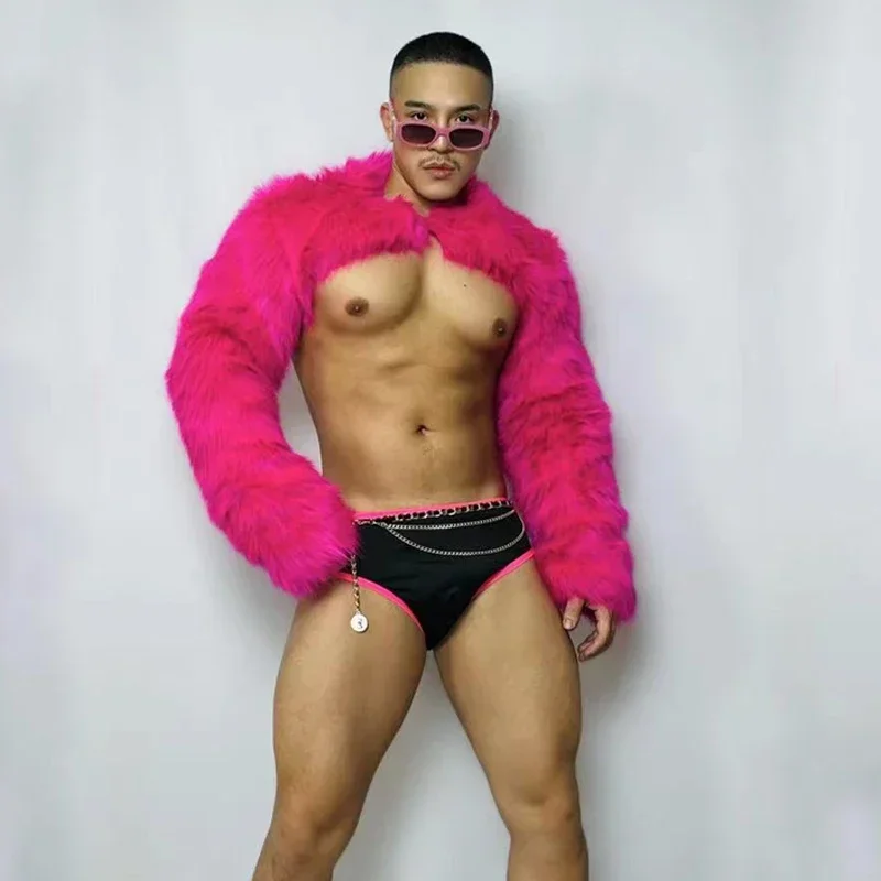 

Мужской флуоресцентный розовый меховой костюм Gogo, топ, трусы, комплект для бара, ночного клуба, DJ, сценический костюм для танцев на пилоне