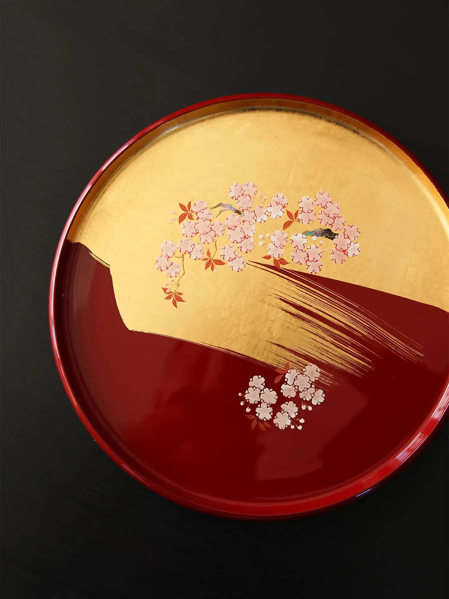 Japanese Imported Handmade Gold Foil Cherry Blossom Tea Round Lacquerware Crafts Luxurious And Exquisite Storage Tray