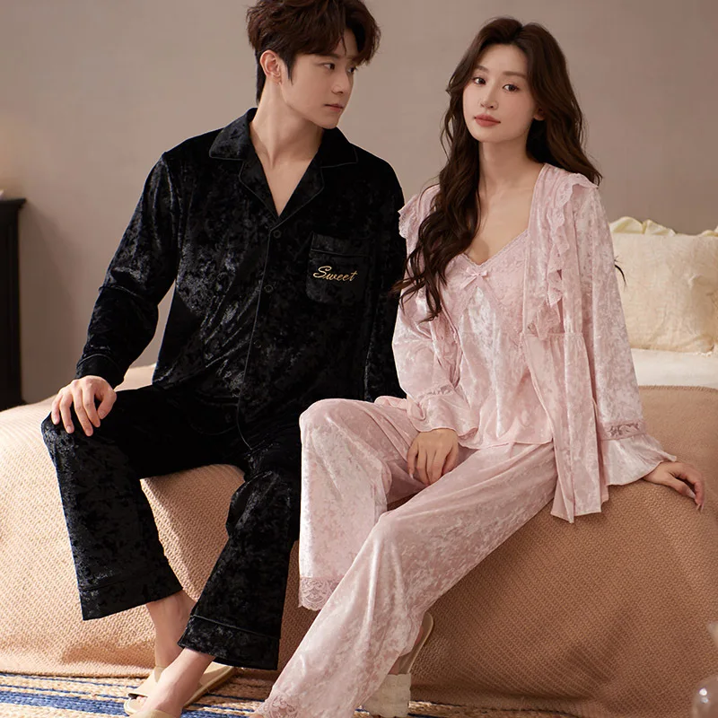 

Осень-зима, женский бархатный халат, брюки-слинг, комплект из трех предметов, домашняя одежда, мужская рубашка, брюки, пижамный костюм, повседневная одежда для дома